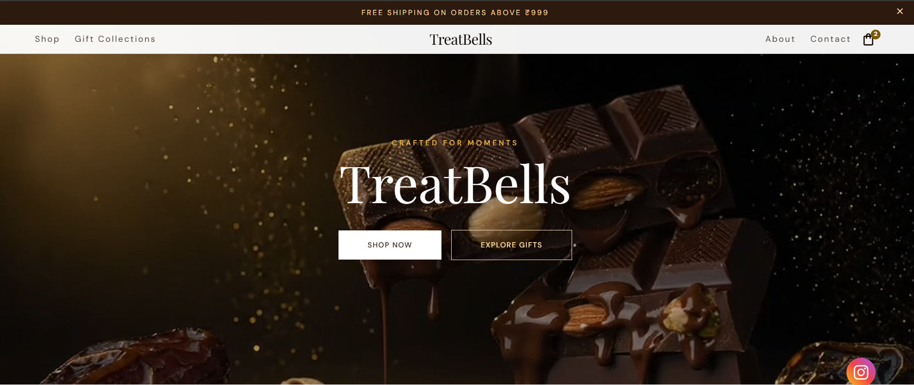 TreatBells homepage screenshot — luxury chocolate gift e-commerce website